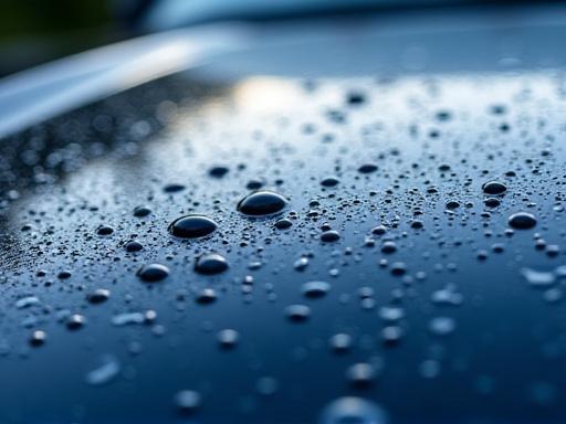 Droplets of water beading on a ceramic coated car hood