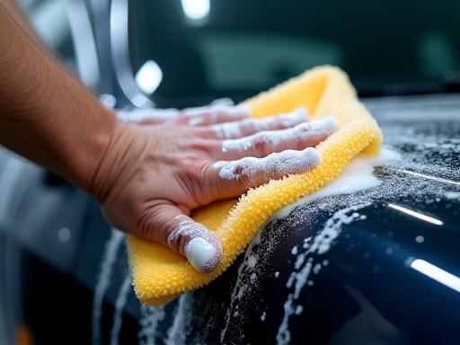 A professional applying soap to a car with a wash mitt